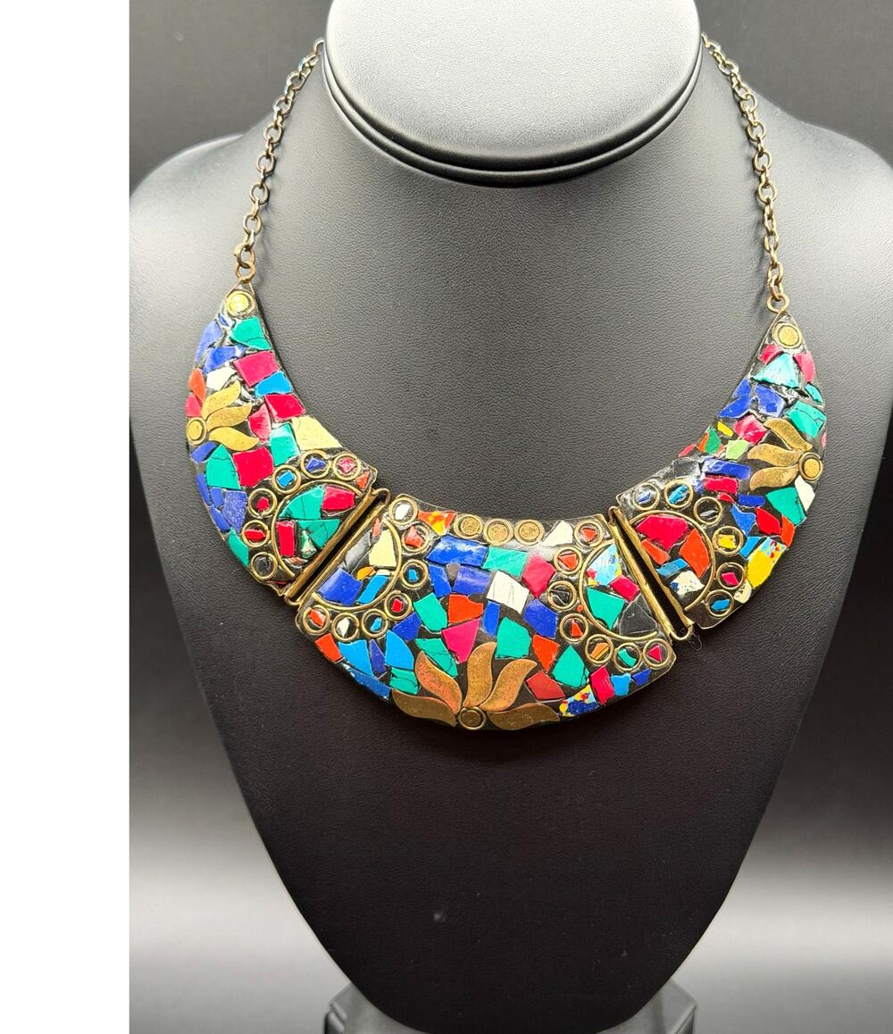 Tibetan-Nepalese Mosaic Brass Bib Necklace